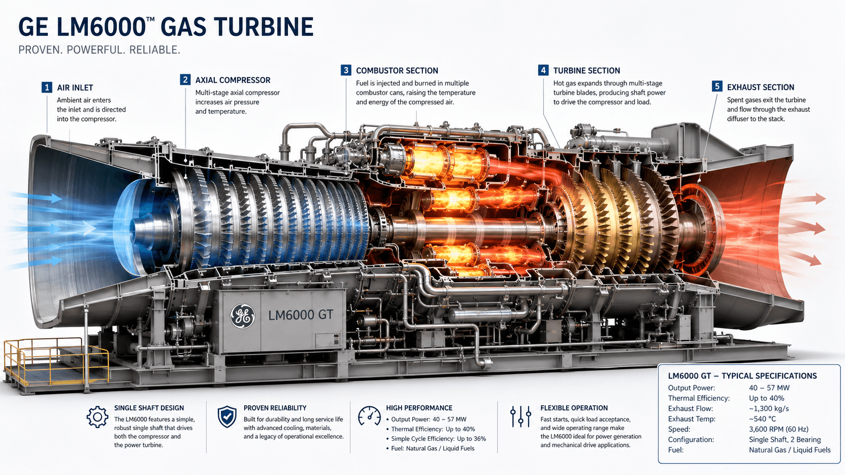 Cutaway of a GE LM6000 aero-derivative gas turbine, showing the air inlet, axial compressor, combustor cans, multi-stage turbine, and exhaust sections.