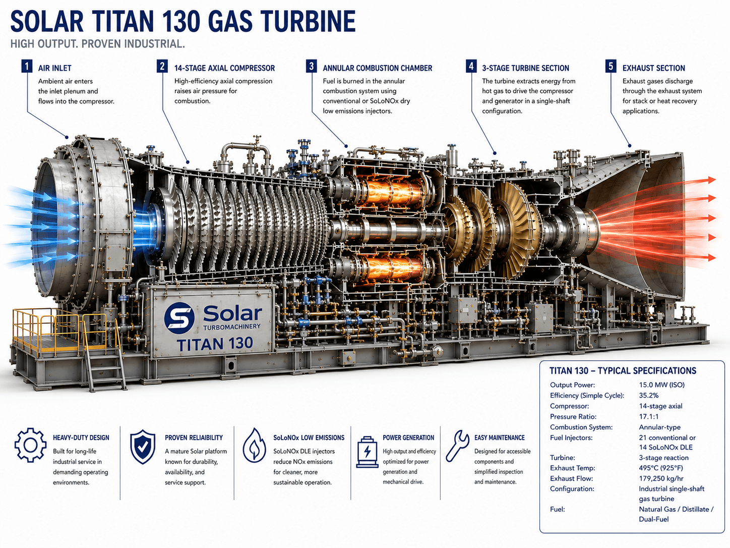 Cutaway of a Solar Titan 130 industrial gas turbine, showing the air inlet, axial compressor, annular combustion chamber, gas-producer turbine, power turbine, and exhaust section.